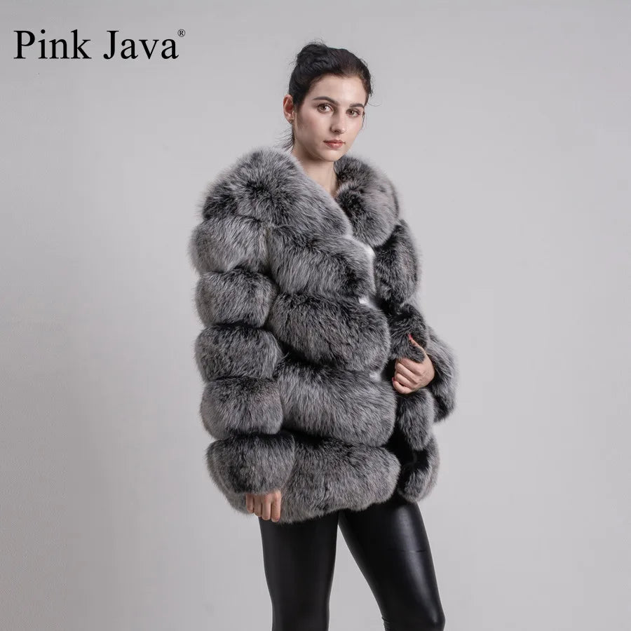 Pink Java QC8066  High Quality Women  Real Fox Fur Coat Wihter Warm Thick Fox Fur Jacket Genuine Fur  Short Coat Long Sleeves