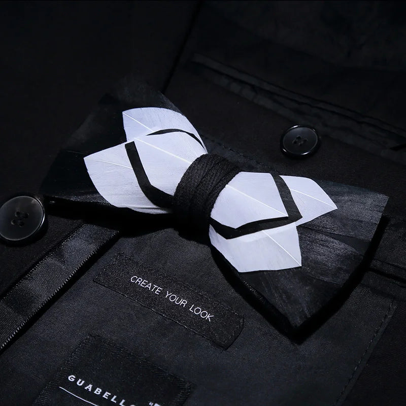 KAMBERFT Designer Brand Handmade Feather and Leather Pre-Tied Bow Tie for Men Wedding Party Best Gift Cravate