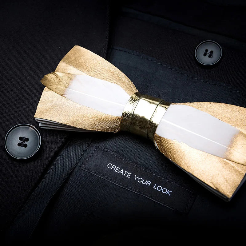 KAMBERFT Designer Brand Handmade Feather and Leather Pre-Tied Bow Tie for Men Wedding Party Best Gift Cravate