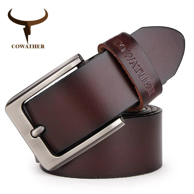 Cinturón de piel de vaca auténtica COWATHER para hombre, correa de marca con hebilla de espiga, estilo vintage para vaqueros, largo de 100-150 cm, cintura de 30-52, XF001