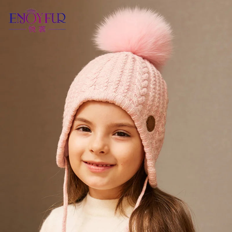 Gorro de punto de invierno ENJOYFUR para niños y niñas con pompón de piel de zorro natural, gorro cálido y grueso con orejeras para bebé