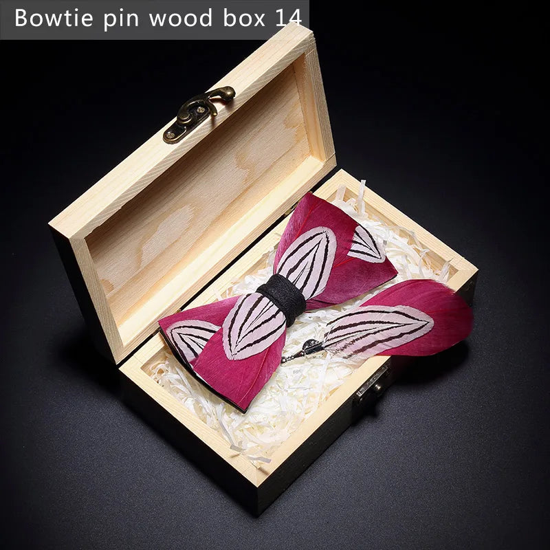 New Luxury Men Bow Tie Handmade Feather Bowtie Brooch Gift Box Set Party Wedding Man Accessories Father Day Gift