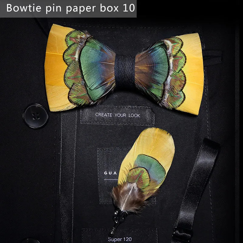 Nuevo set de regalo de pajarita de plumas hecha a mano para hombre, con broche, accesorios de fiesta y boda, regalo para el Día del Padre