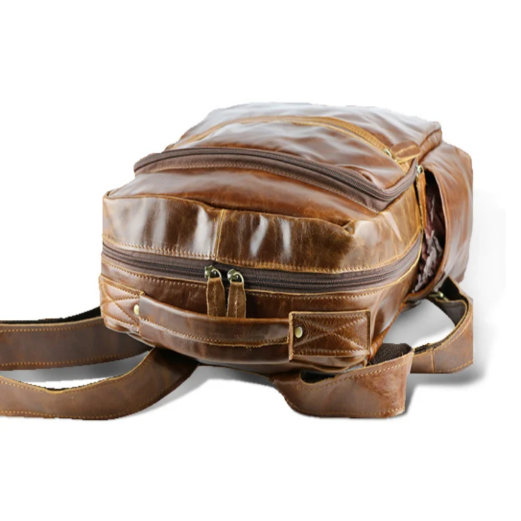 Genuine Leather Waterproof Men's Laptop Backpack Brown Travel Bag