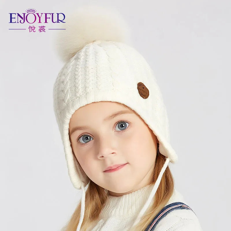 Gorro de punto de invierno ENJOYFUR para niños y niñas con pompón de piel de zorro natural, gorro cálido y grueso con orejeras para bebé