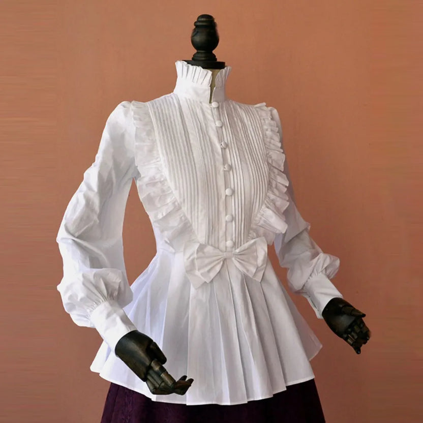 Vår Dam Vit Topp Vintage Viktoriansk Volang Veckad Skjorta Lyktärm Kvinna Gotisk Högkrage Blus Lolita Kostym