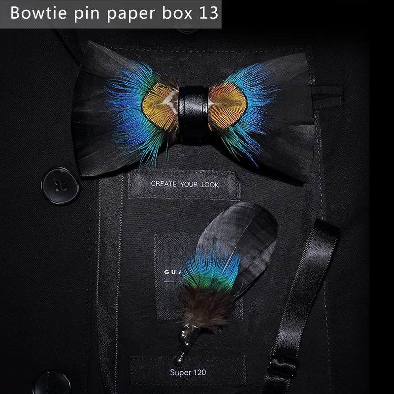 New Luxury Men Bow Tie Handmade Feather Bowtie Brooch Gift Box Set Party Wedding Man Accessories Father Day Gift