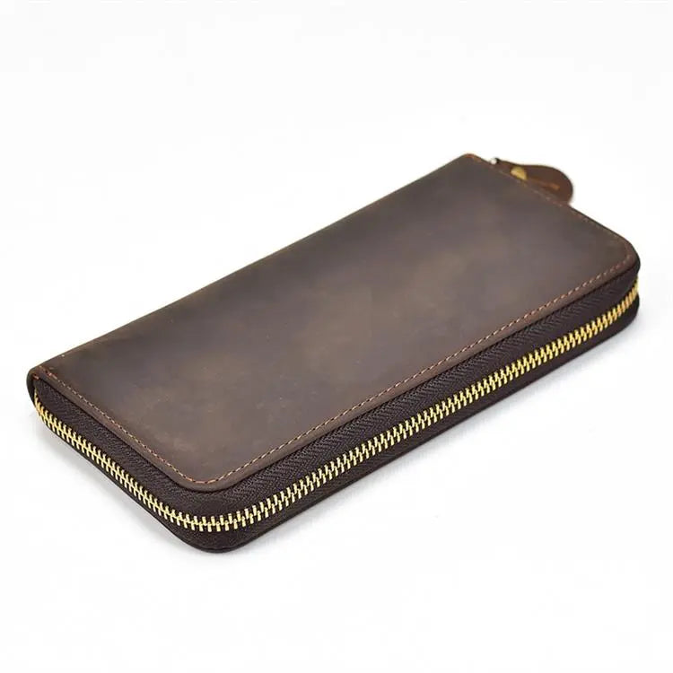 Luksusowy portfel damski i męski z podwójnym zamkiem, długi, skórzany w stylu vintage, kopertówka, etui na telefon, karty i monety, 100% prawdziwa skóra, portfel męski