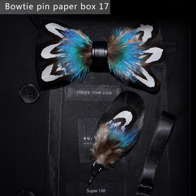 Nuevo set de regalo de pajarita de plumas hecha a mano para hombre, con broche, accesorios de fiesta y boda, regalo para el Día del Padre