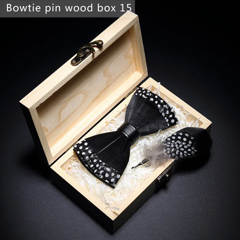 Nuevo set de regalo de pajarita de plumas hecha a mano para hombre, con broche, accesorios de fiesta y boda, regalo para el Día del Padre