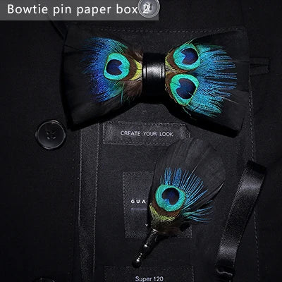 JEMYGINS Original Design Bow Tie Peacock Feather Bow Tie Handmade Bow Tie Brooch Gift Box Set Wedding Party Business