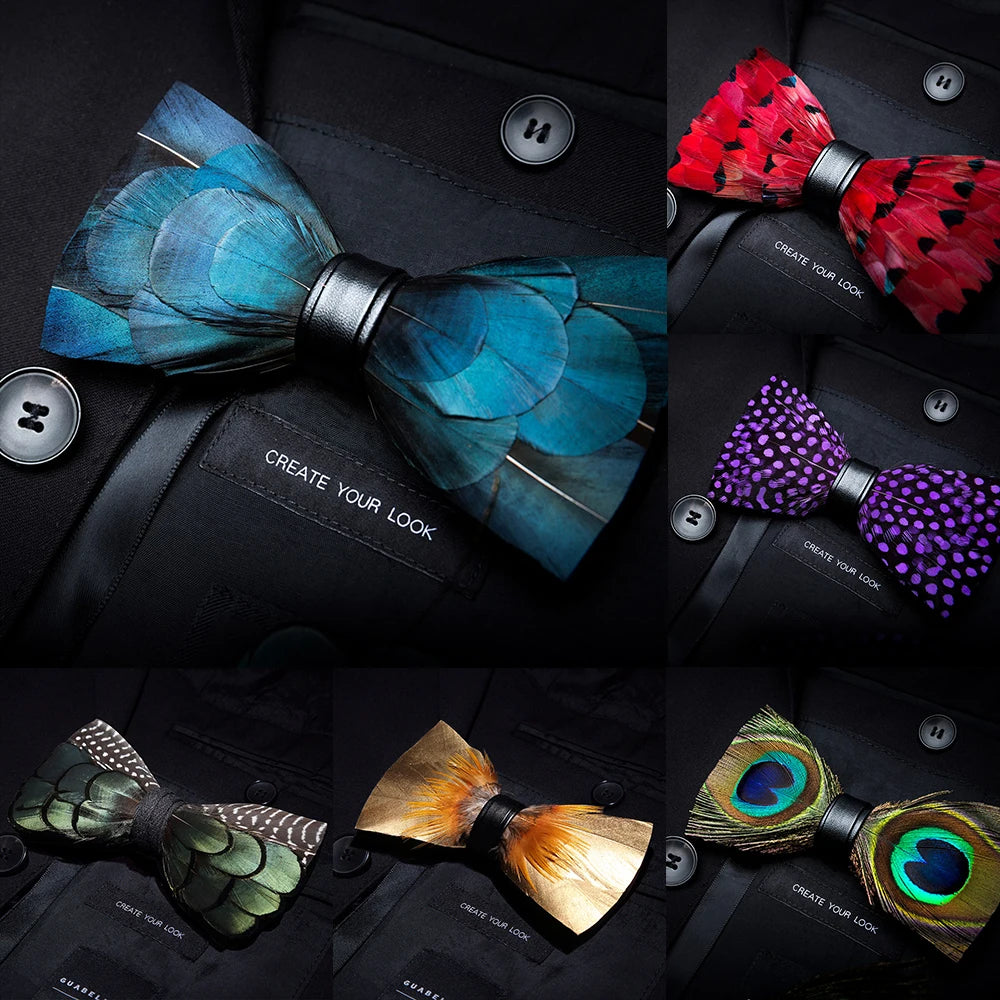 KAMBERFT Designer Brand Handmade Feather and Leather Pre-Tied Bow Tie for Men Wedding Party Best Gift Cravate