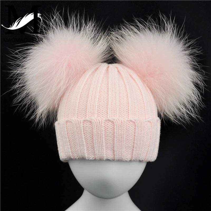 Winter Baby Knit Hat With Two Fur Pompoms Boy Girls Natural Fur Ball Beanie Kids Caps Double Real Fur Pom Pom Hat for Children