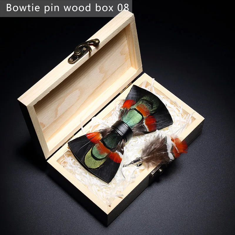 Nuevo set de regalo de pajarita de plumas hecha a mano para hombre, con broche, accesorios de fiesta y boda, regalo para el Día del Padre