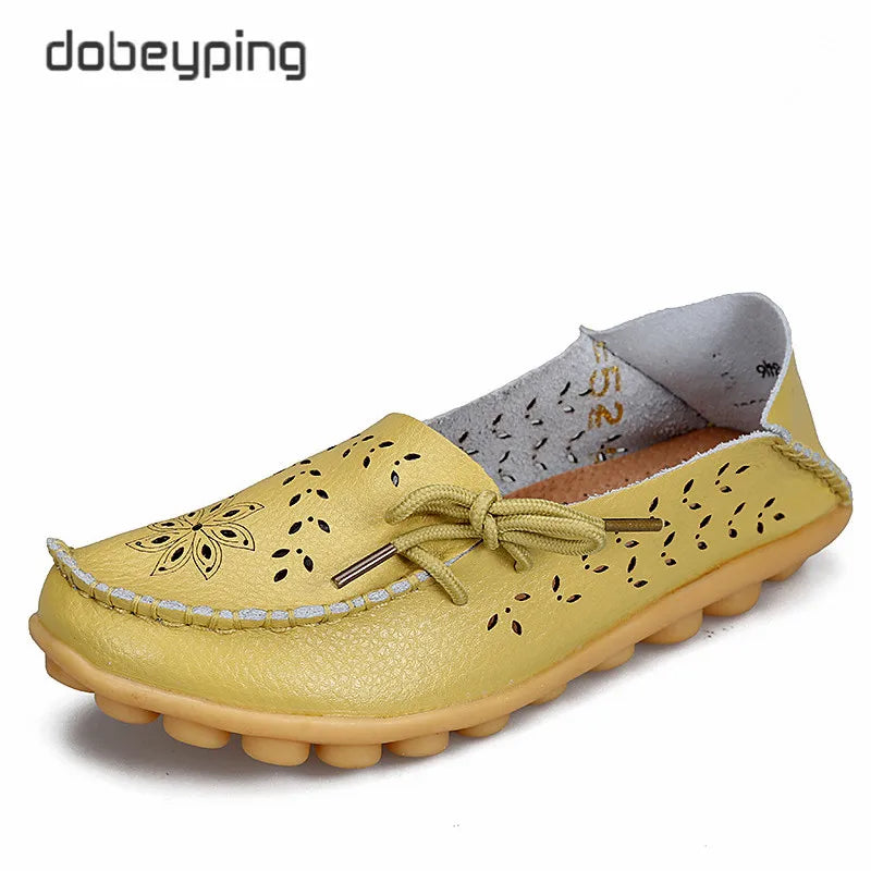 Women's Casual Shoes Genuine Leather Woman Loafers Slip-On Female Flats Moccasins Ladies Driving Shoe Cut-Outs Mother Footwear