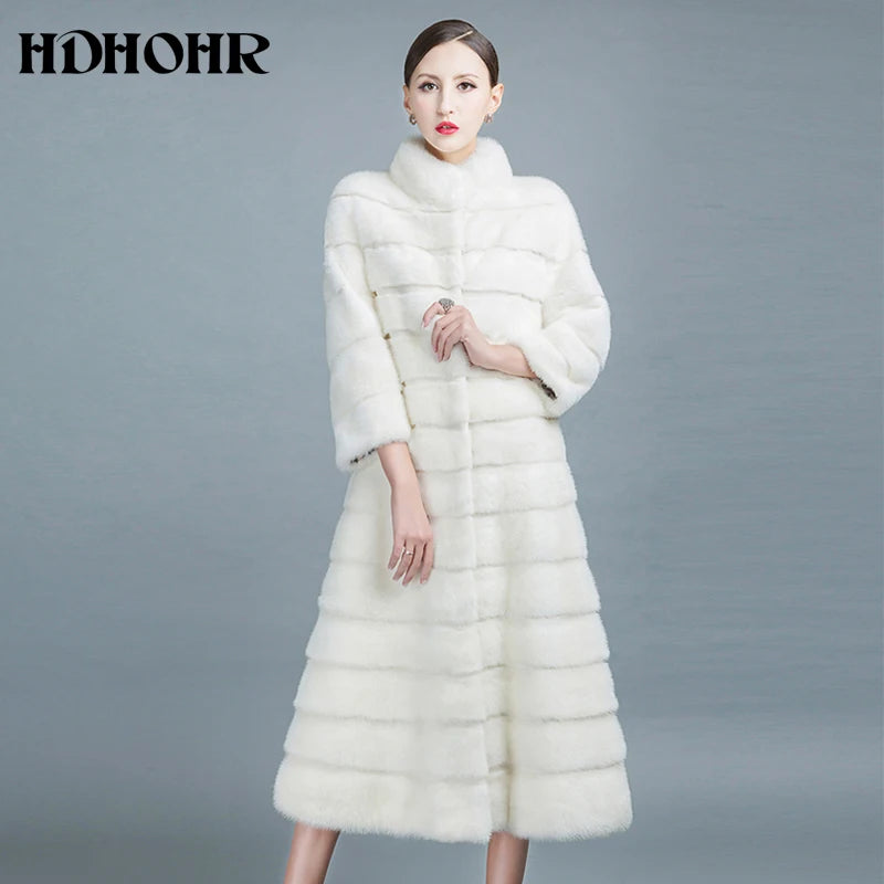 HDHOHR 2026 High Quality Natural Mink Fur Coats Long With Skirt Women Winter Real White Mink Coats Slim Warm Fur Jackets Feamle