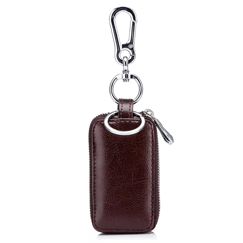 Genuine Cow Leather Home Car Keys' Bag Double Pocket Zipper Mini Wallet Earth Yellow Men Women's Key Holder Transparent Pocket