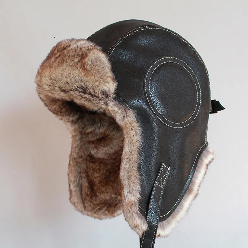 Winter Ushanka Hat Men Women's Pilot Aviator Trapper Hat Faux Fur  PU Leather Snow Cap With Ear Flaps