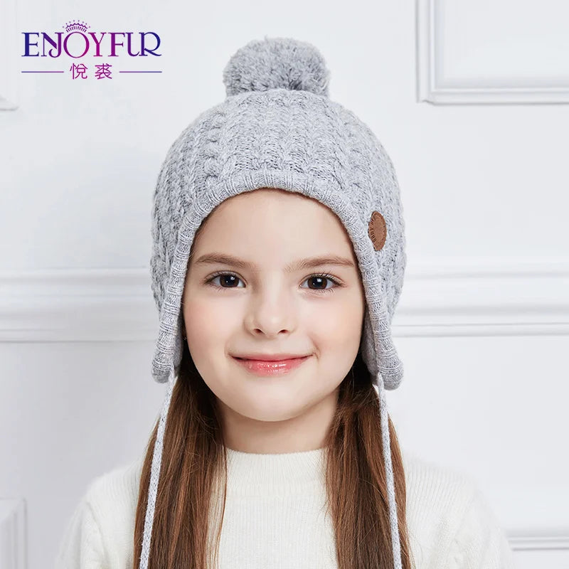 Gorro de punto de invierno ENJOYFUR para niños y niñas con pompón de piel de zorro natural, gorro cálido y grueso con orejeras para bebé