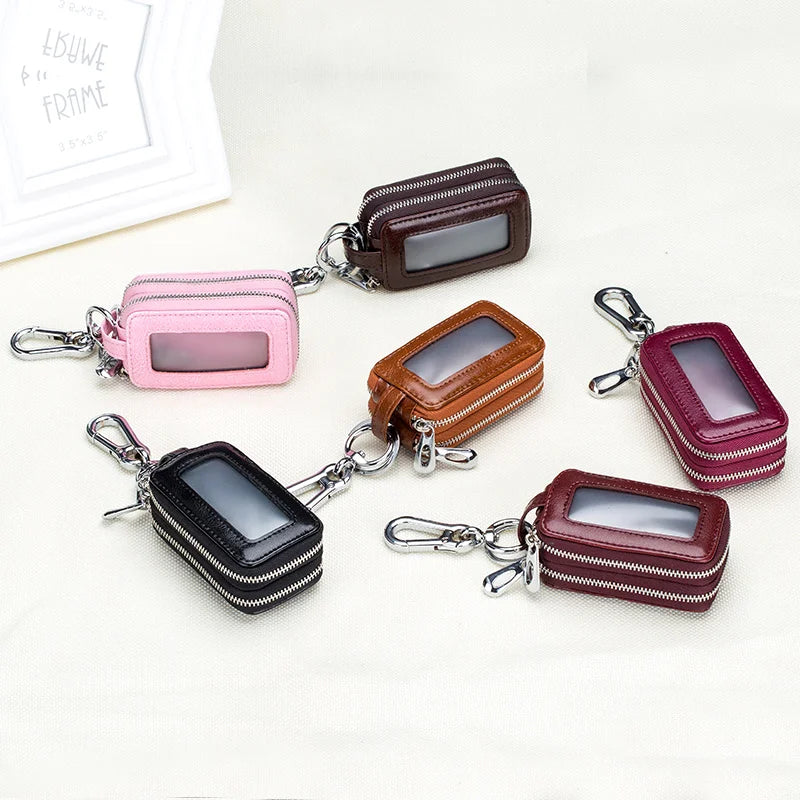 Estuche para llaves de coche y casa de auténtica piel de vaca, cartera mini con cremallera de doble bolsillo, color amarillo tierra, tarjetero con bolsillo transparente para hombre y mujer