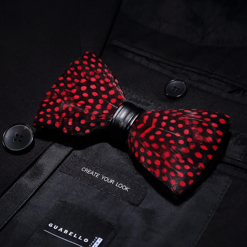 KAMBERFT Designer Brand Handmade Feather and Leather Pre-Tied Bow Tie for Men Wedding Party Best Gift Cravate