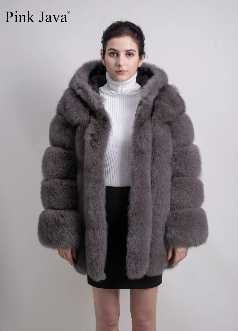 Pink Java QC8149 2018 New Model Women Real Fox Fur Coat Long Sleeves Hood Coat Genuine Fox Outfit High Quality