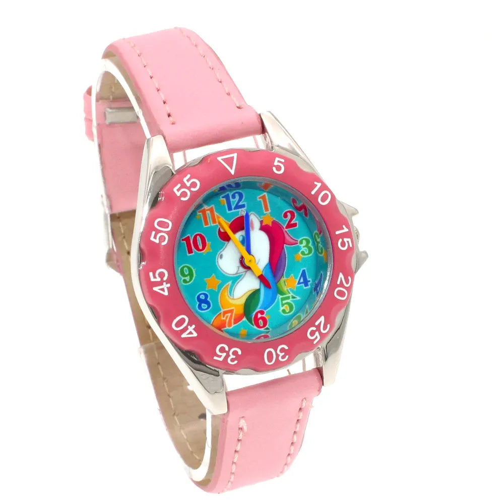 Reloj de pulsera de cuero con diseño de unicornio para niños y niñas, reloj informal de moda para aprender la hora