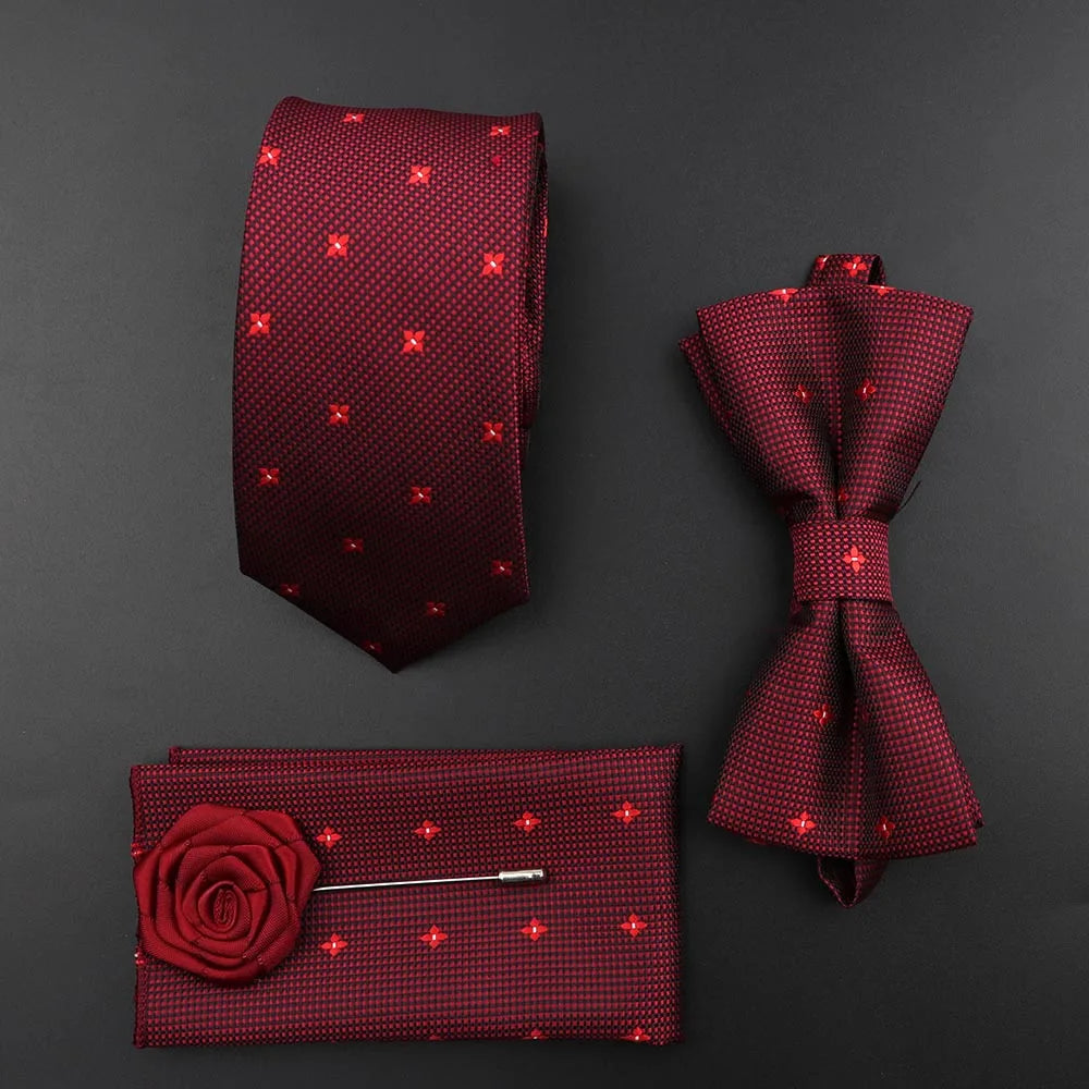 New Solid Color Silk Men Tie Set Polyester Jacquard Woven Necktie Bowtie Suit Vintage Red Blue for Groom Business Wedding Party