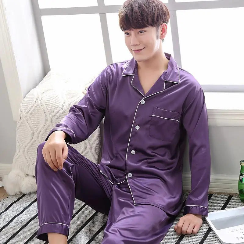 Solid Color Sleepwear Silk Satin Pajamas Couple Set Long Button-Dow