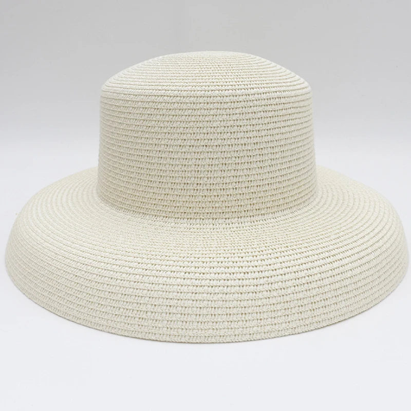 HT2303 2023 New Summer Sun Hats Ladies Solid Plain Elegant Wide Brim Hat Female Round Top Panama Floppy Straw Beach Hat Women