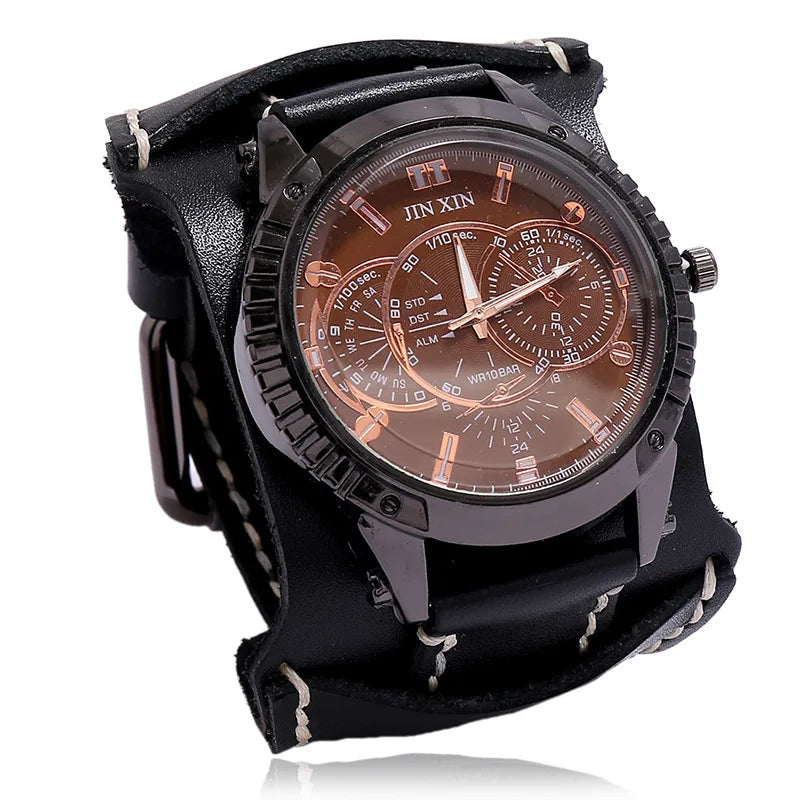 Nuevo reloj de moda para hombre, reloj de cuarzo de lujo con esfera grande para parejas, reloj deportivo con pulsera punk de cuero auténtico, regalo para hombre