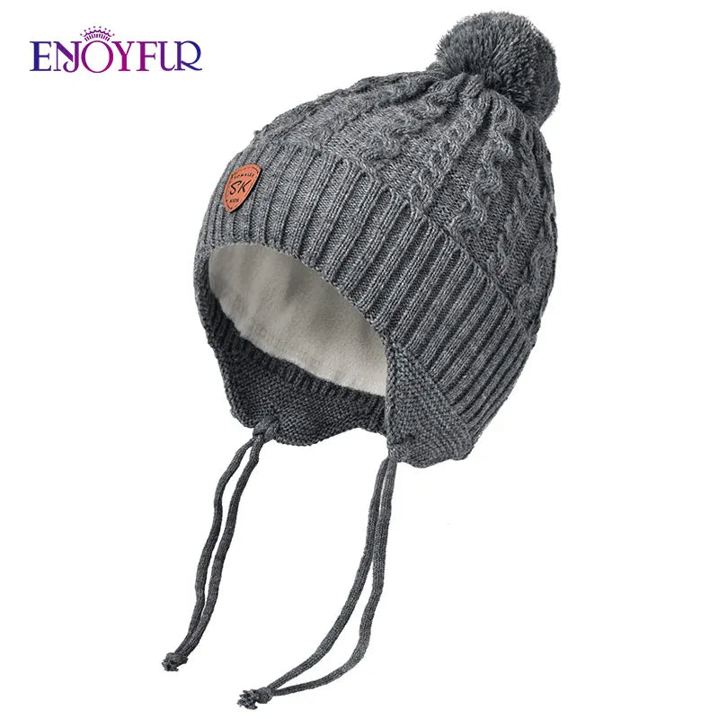 ENJOYFUR Warm Winter Baby Knitted Hats Real Fur Pompom Fleece Lined Boy Caps Cute Thick Kids Elastic Earflap Outdoor Ski Beanies