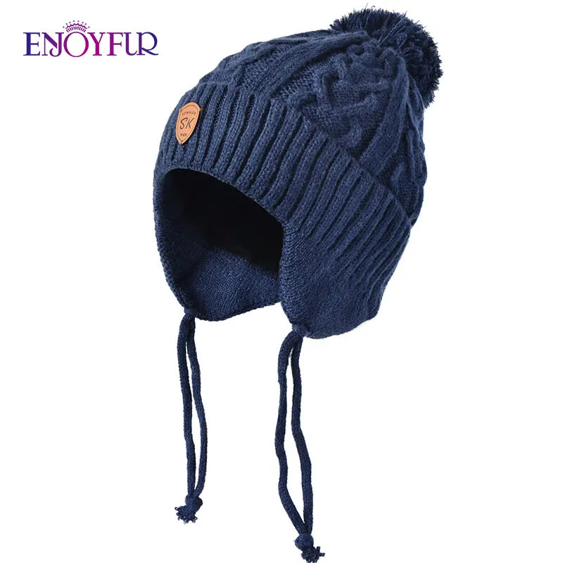 ENJOYFUR Warm Winter Baby Knitted Hats Real Fur Pompom Fleece Lined Boy Caps Cute Thick Kids Elastic Earflap Outdoor Ski Beanies