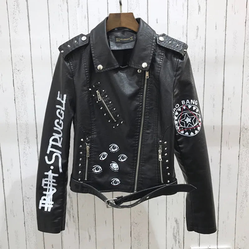 2024 New Autumn Women Winter Faux Soft Leather Jackets Coats Lady Black PU Rivet Zipper Epaulet 3D Print Motorcycle Streetwear