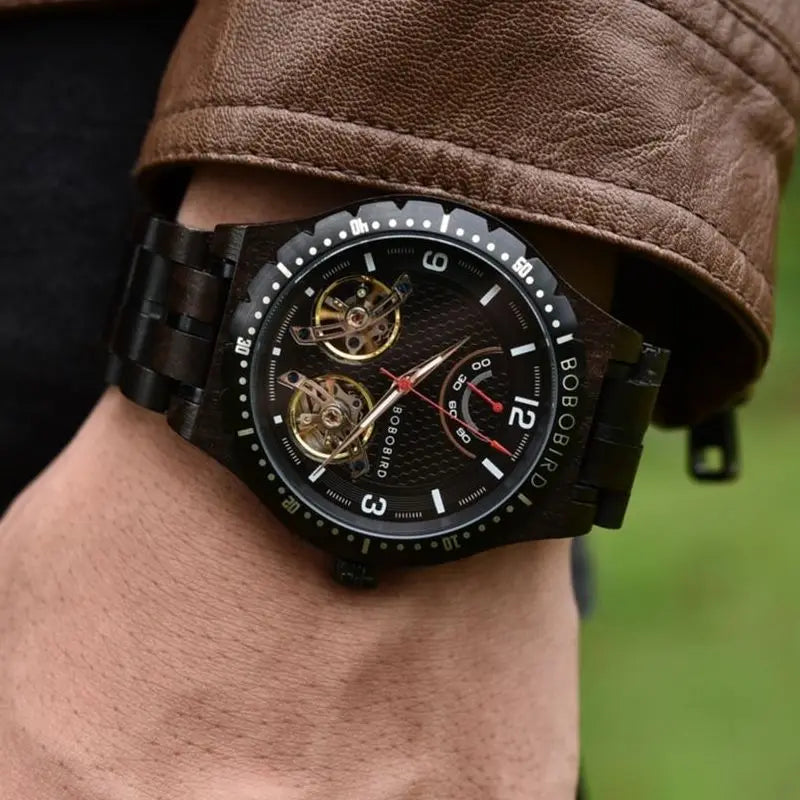 BOBO BIRD Men Mechanical Wooden Watches Double Tourbillon Movement Business Luxury Automatic Wristwatches for Men Custom
