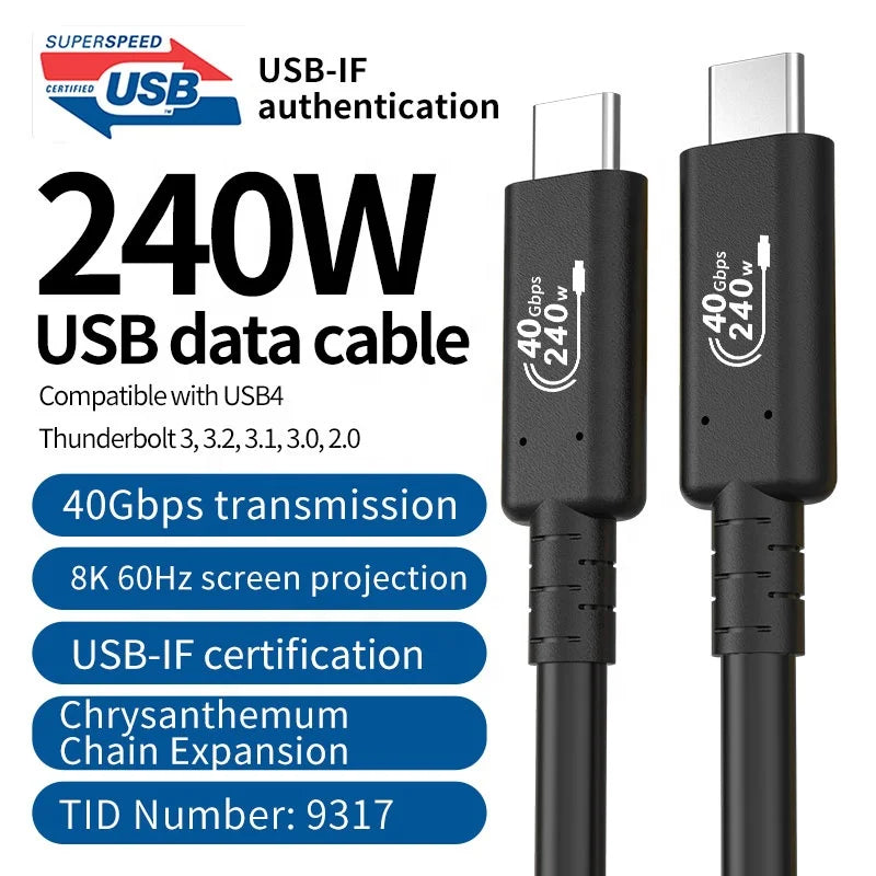 1M USB 4.0 Type-C Cable PD 240W Thunderbolt 5 for Fast Charging