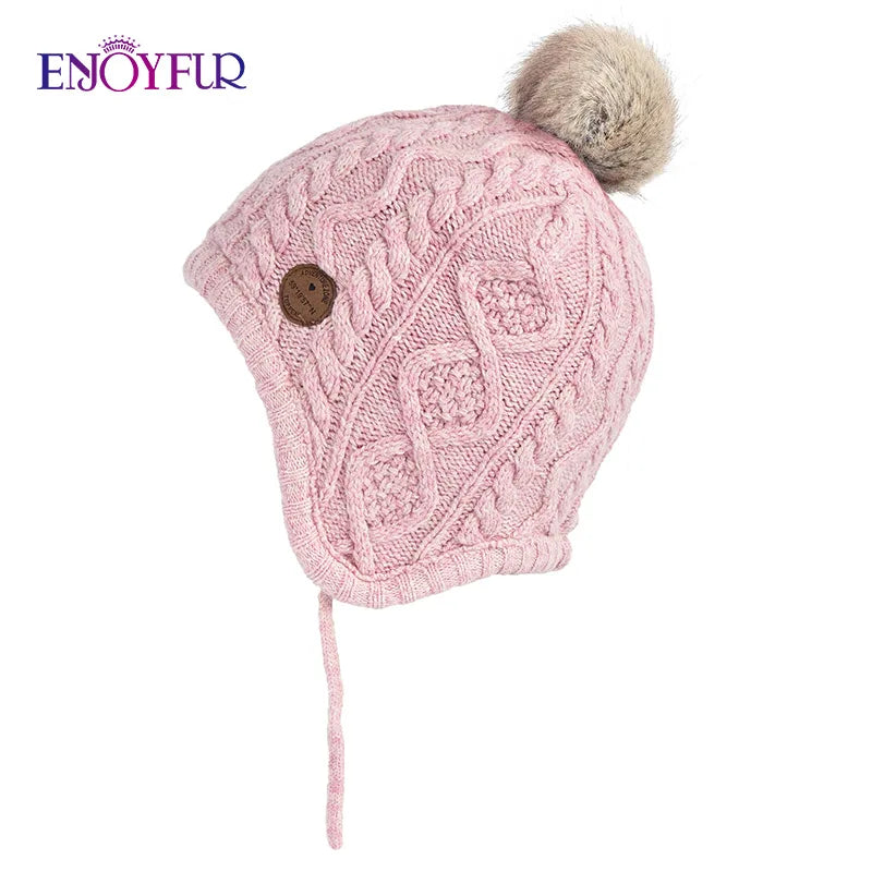Gorro de punto de invierno ENJOYFUR para niños y niñas con pompón de piel de zorro natural, gorro cálido y grueso con orejeras para bebé