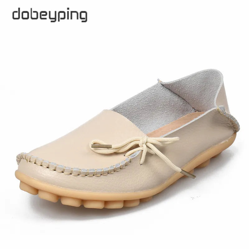 New Moccasins Women Flats 2026 Autumn Woman Loafers Genuine Leather Female Shoes Slip on Ballet Bowtie Women's Shoe Size 35-44