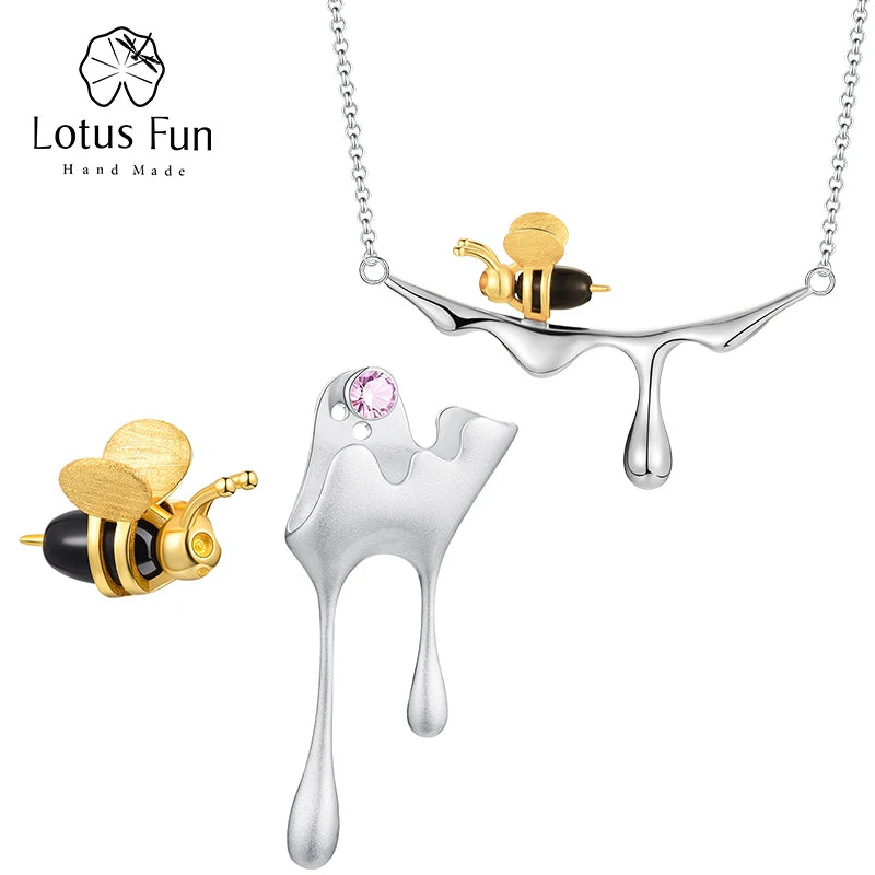Lotus Fun 18K guld bi- och honungsdroppe-halsband, äkta 925 sterlingsilver, handgjorda lyxiga designersmycken för kvinnor