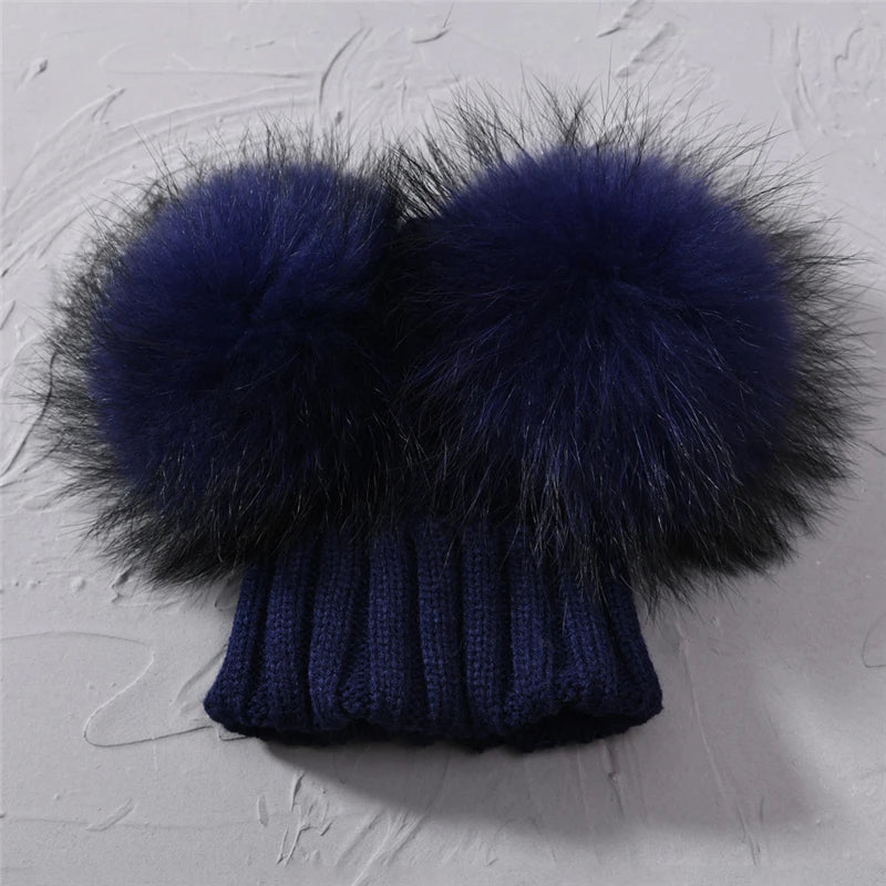 Gorro de punto para bebé de invierno con dos pompones de piel, gorro con bolas de piel natural para niños y niñas, gorro infantil con doble pompón de piel real