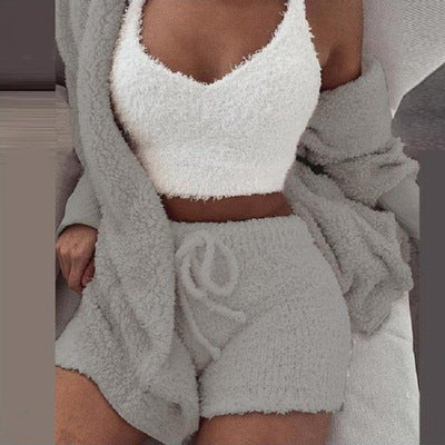 Knit Sleepwear Pajamas for Women's Lingerie 3 Piece Set