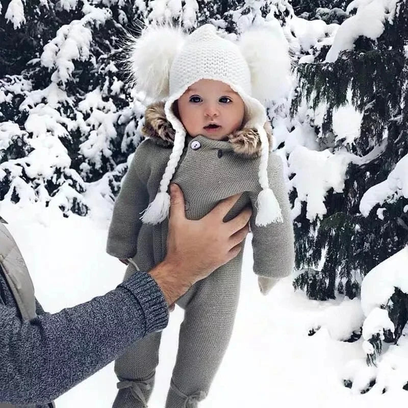 Gorro de punto con dos pompones de piel auténtica para bebés y niños, gorro de invierno con orejeras para niña y niño
