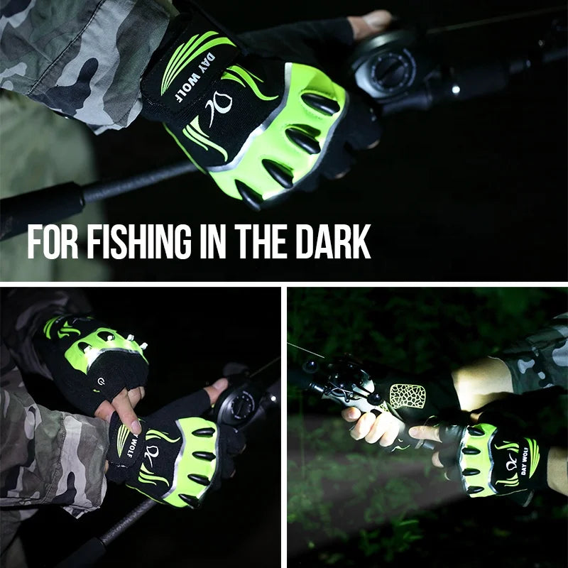 Guantes de pesca LED sin dedos, impermeables, con pantalla táctil y linterna