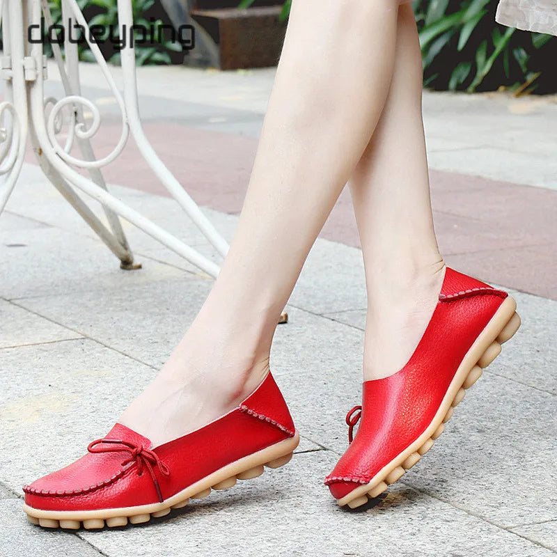 New Moccasins Women Flats 2026 Autumn Woman Loafers Genuine Leather Female Shoes Slip on Ballet Bowtie Women's Shoe Size 35-44