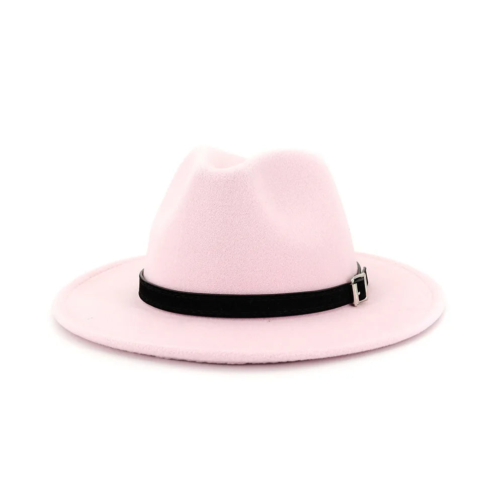 QBHAT Men Women Wide Brim Wool Felt Fedora Panama Hat With Belt Buckle Jazz Trilby Cap Party Formal Top Hat in White,black