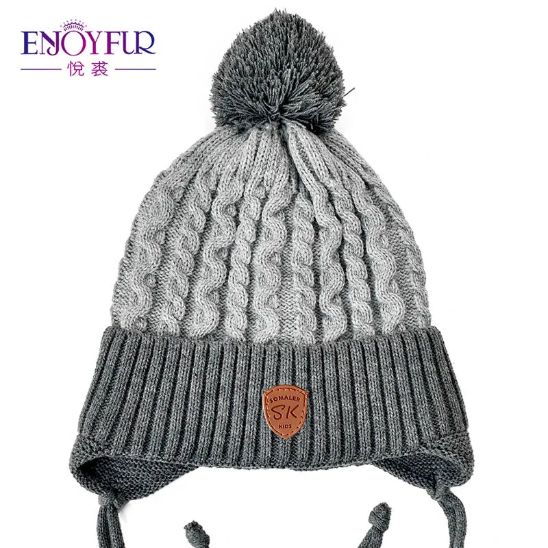 ENJOYFUR Warm Winter Baby Knitted Hats Real Fur Pompom Fleece Lined Boy Caps Cute Thick Kids Elastic Earflap Outdoor Ski Beanies