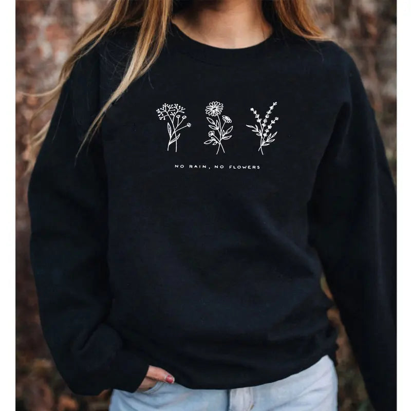 No Rain No Flowers Sweatshirts Vintage 80s Style Floral Print Hoodies Autumn Women Inspired Graphic Jumper Pullover Streetwear