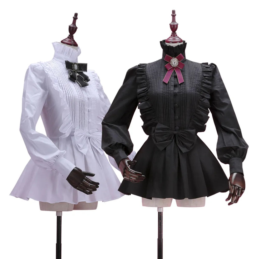 Vår Dam Vit Topp Vintage Viktoriansk Volang Veckad Skjorta Lyktärm Kvinna Gotisk Högkrage Blus Lolita Kostym