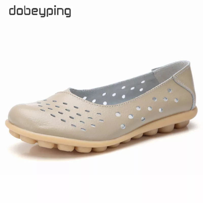 Dobeyping Genuine Leather Women Flats New Cut-Outs Summer Shoes Woman Hollow Women's Loafers Female Solid Shoe Large Size 35-44