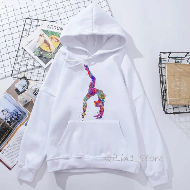 Watercolor Gymnastics Girl Design Harajuku Kawaii Hoodie Hat Sweatshirt 90s Tumblr Clothes Women Sports Gymnast Print Hoodies